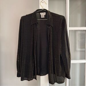 Vintage Fred David Design Black Sheer Metallic-Thread Button Front Top, size XL